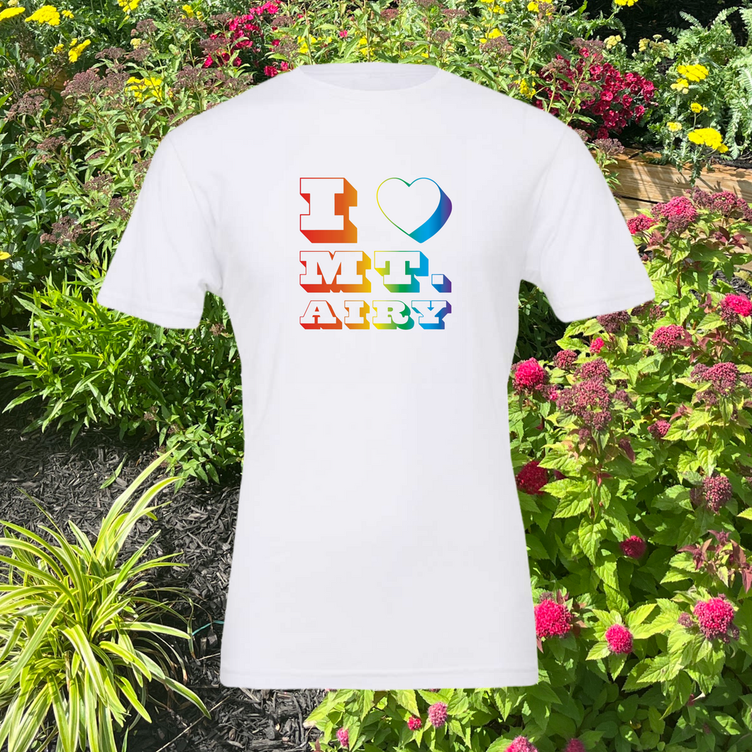 “I ❤️ Mt. Airy” Rainbow Roll Screenprinted T-Shirt